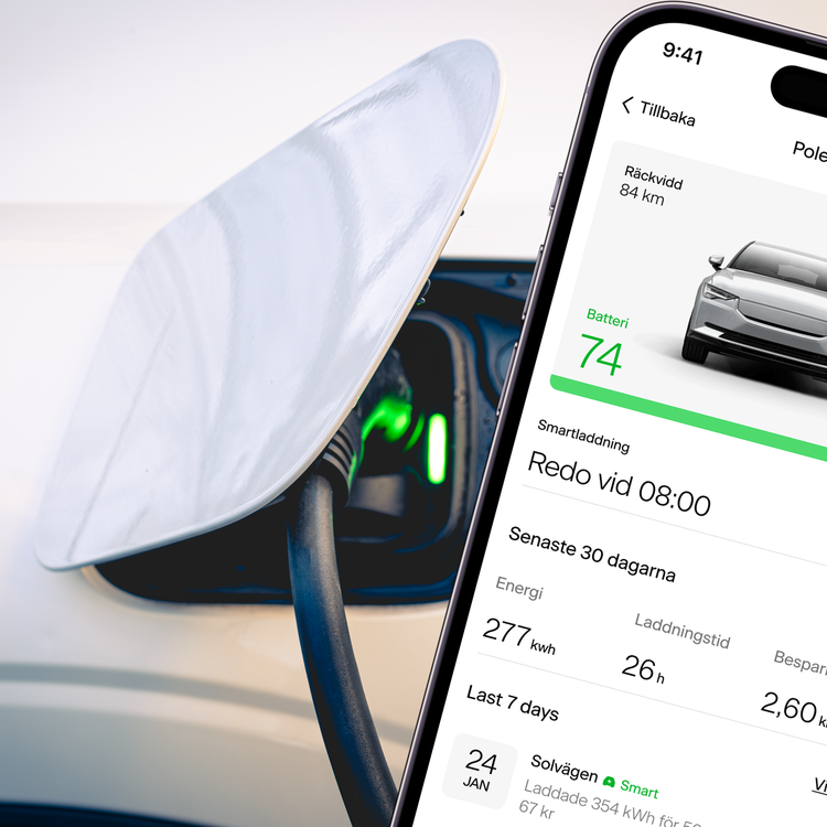 I Svea Solar-appen kan du ställa in laddning av elbil, så att de billigaste timmarna väljs automatiskt.